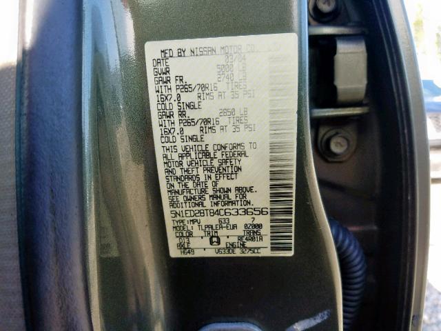 5N1ED28T84C633656 - 2004 NISSAN XTERRA XE GREEN photo 10