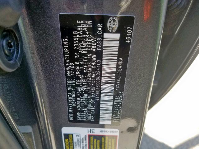 4T1BE46K09U394403 - 2009 TOYOTA CAMRY BASE GRAY photo 10