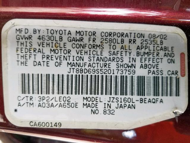 JT8BD69S520173759 - 2002 LEXUS GS 300 BURGUNDY photo 10