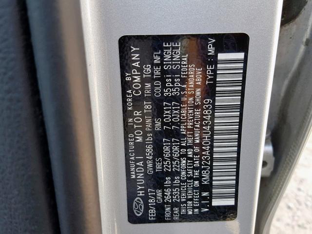 KM8J23A40HU434839 - 2017 HYUNDAI TUCSON SE SILVER photo 10