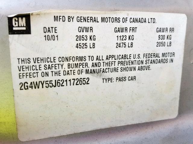 2G4WY55J621172652 - 2002 BUICK CENTURY LI SILVER photo 10