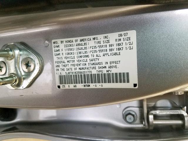 5J8TB18258A001770 - 2008 ACURA RDX GREEN photo 10