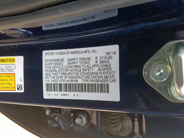 1HGCV1F51JA196146 - 2018 HONDA ACCORD EXL BLUE photo 10