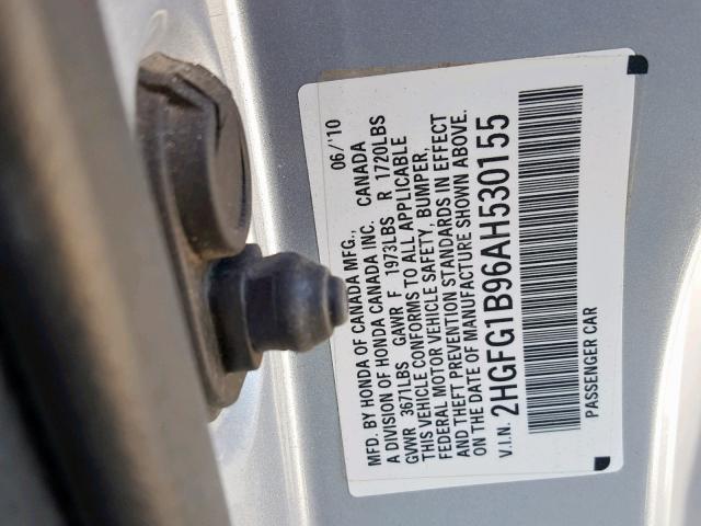 2HGFG1B96AH530155 - 2010 HONDA CIVIC EXL 银色 照片 10