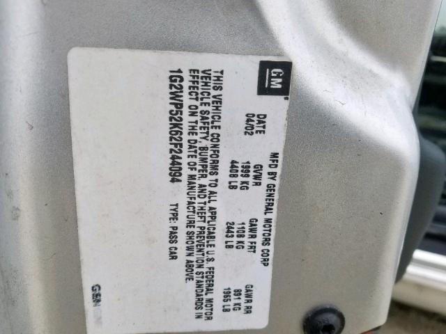 1G2WP52K62F244094 - 2002 PONTIAC GRAND PRIX SILVER photo 9