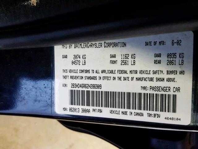 2B3HD46R62H286909 - 2002 DODGE INTREPID S 蓝色 照片 10