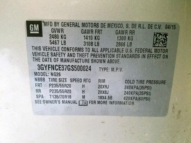 3GYFNCE37GS500024 - 2016 CADILLAC SRX PERFOR 米色 照片 10