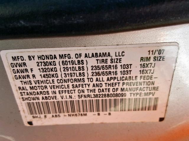 5FNRL38228B008099 - 2008 HONDA ODYSSEY LX SILVER photo 10