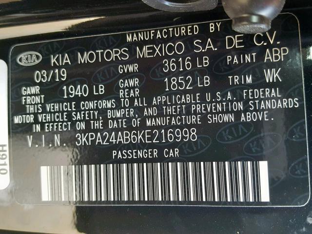 3KPA24AB6KE216998 - 2019 KIA RIO S BLACK photo 10