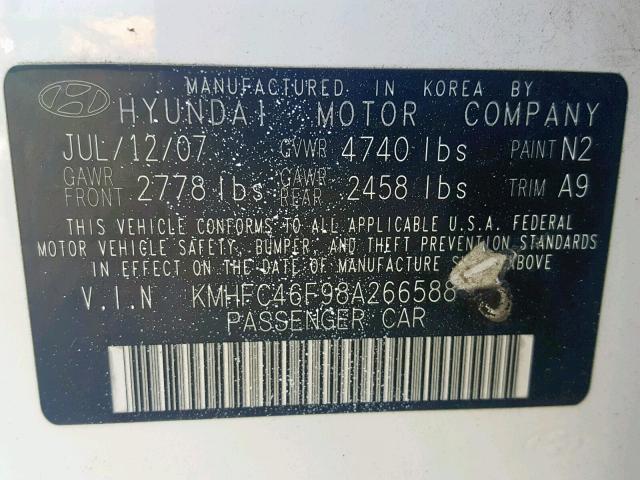 KMHFC46F98A266588 - 2008 HYUNDAI AZERA SE WHITE photo 10