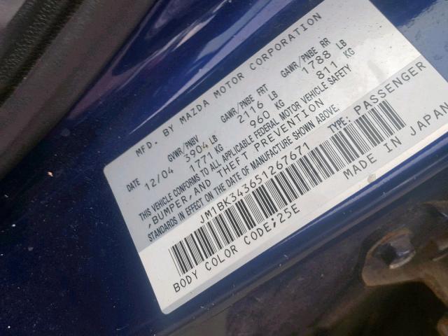 JM1BK343651267671 - 2005 MAZDA 3 HATCHBAC BLUE photo 10