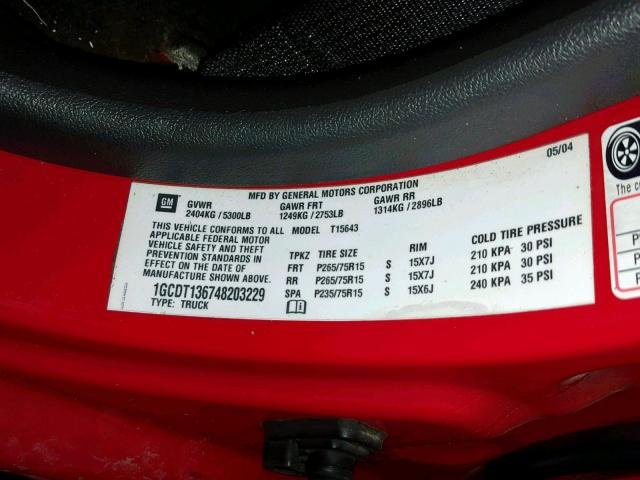 1GCDT136748203229 - 2004 CHEVROLET COLORADO RED photo 10