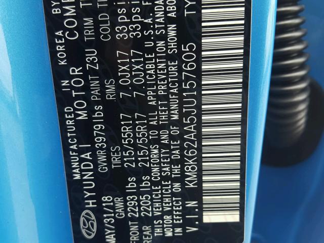 KM8K62AA5JU157605 - 2018 HYUNDAI KONA SEL BLUE photo 10