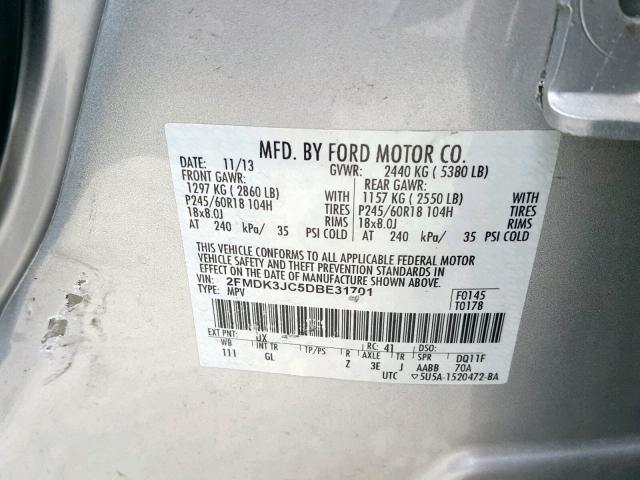 2FMDK3JC5DBE31701 - 2013 FORD EDGE SEL SILVER photo 10