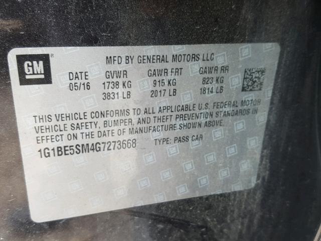 1G1BE5SM4G7273668 - 2016 CHEVROLET CRUZE LT GRAY photo 10