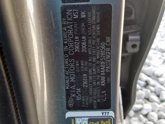 KNAFX4A81F5281560 - 2015 KIA FORTE EX GRAY photo 10