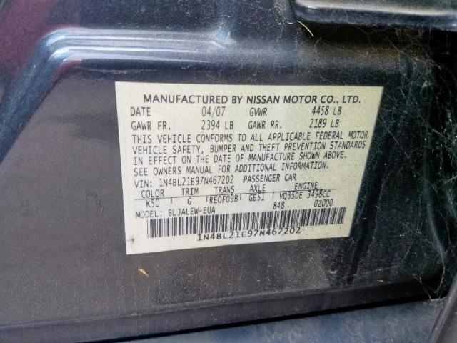 1N4BL21E97N467202 - 2007 NISSAN ALTIMA 3.5 GRAY photo 10