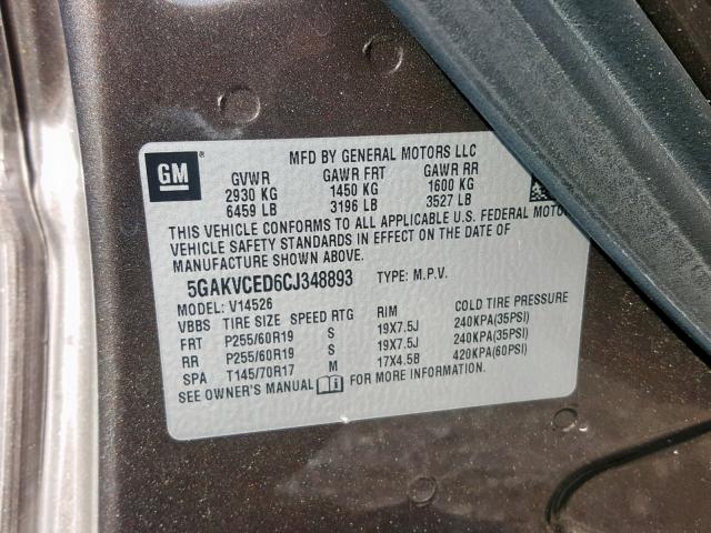 5GAKVCED6CJ348893 - 2012 BUICK ENCLAVE BROWN photo 10