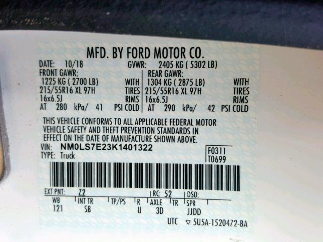 NM0LS7E23K1401322 - 2019 FORD TRANSIT CO WHITE photo 10