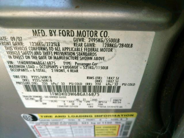 1FMDK03W68GA16875 - 2008 FORD TAURUS X L SILVER photo 10