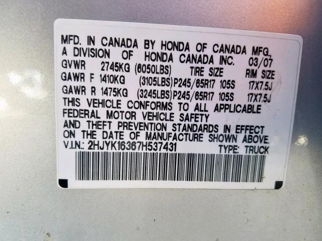 2HJYK16367H537431 - 2007 HONDA RIDGELINE SILVER photo 10