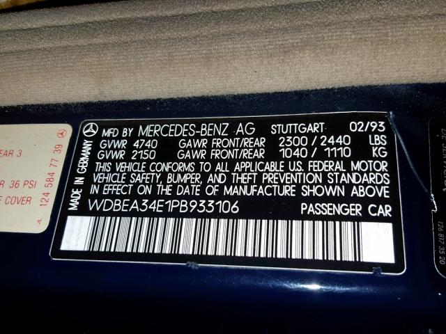 WDBEA34E1PB933106 - 1993 MERCEDES-BENZ 400 E BLUE photo 10