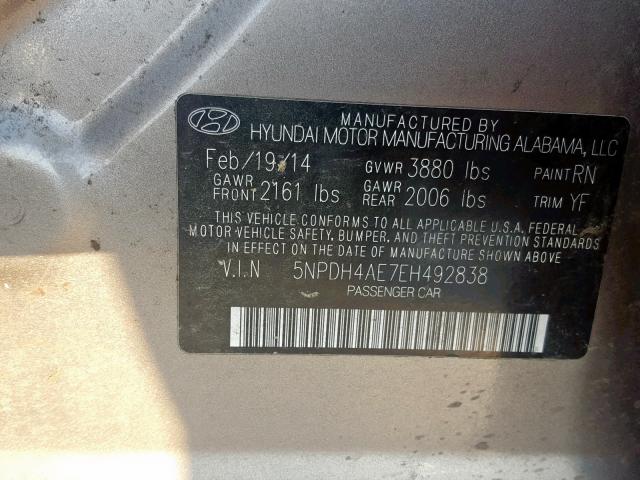 5NPDH4AE7EH492838 - 2014 HYUNDAI ELANTRA SE SILVER photo 10