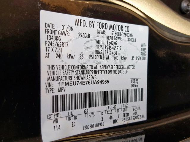 1FMEU74E76UA94965 - 2006 FORD EXPLORER E BLACK photo 10