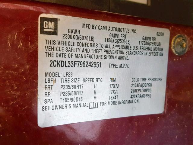 2CKDL33F796242551 - 2009 PONTIAC TORRENT BURGUNDY photo 10