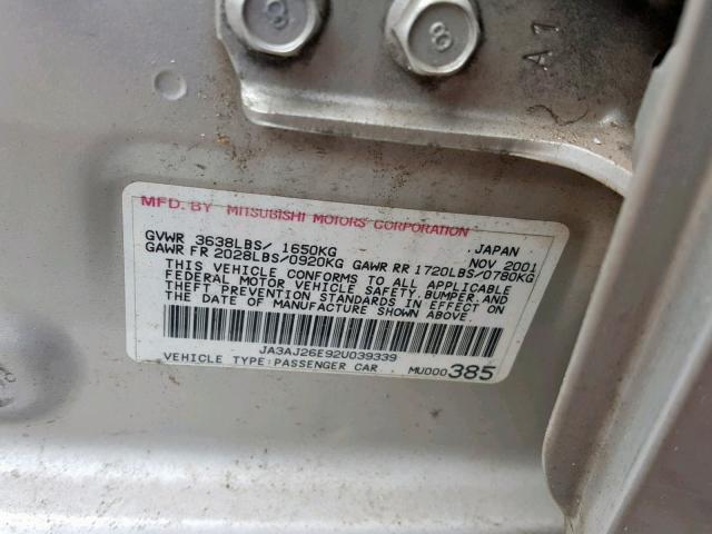 JA3AJ26E92U039339 - 2002 MITSUBISHI LANCER ES SILVER photo 10