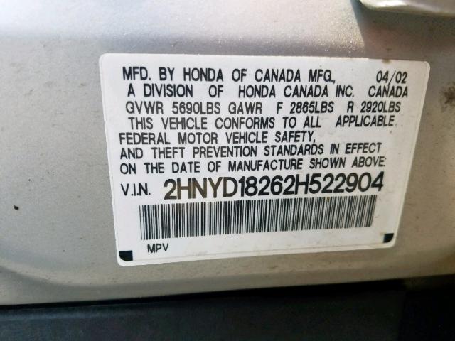 2HNYD18262H522904 - 2002 ACURA MDX SILVER photo 10