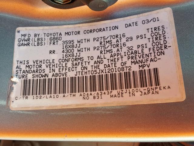 JTEHT05JX12010872 - 2001 TOYOTA LAND CRUIS SILVER photo 10