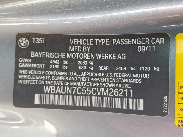 WBAUN7C55CVM26211 - 2012 BMW 135 I GRAY photo 10