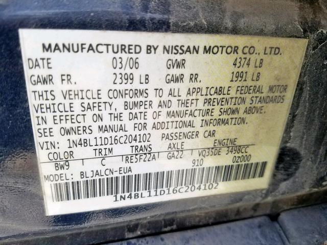 1N4BL11D16C204102 - 2006 NISSAN ALTIMA SE BLUE photo 10