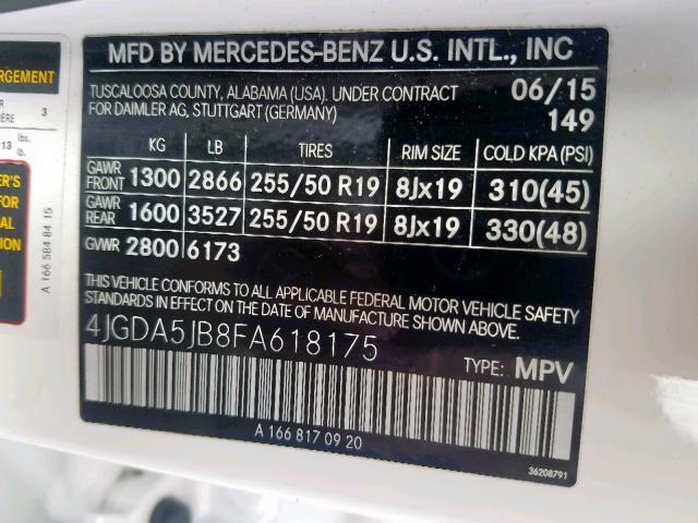 4JGDA5JB8FA618175 - 2015 MERCEDES-BENZ ML 350 WHITE photo 10