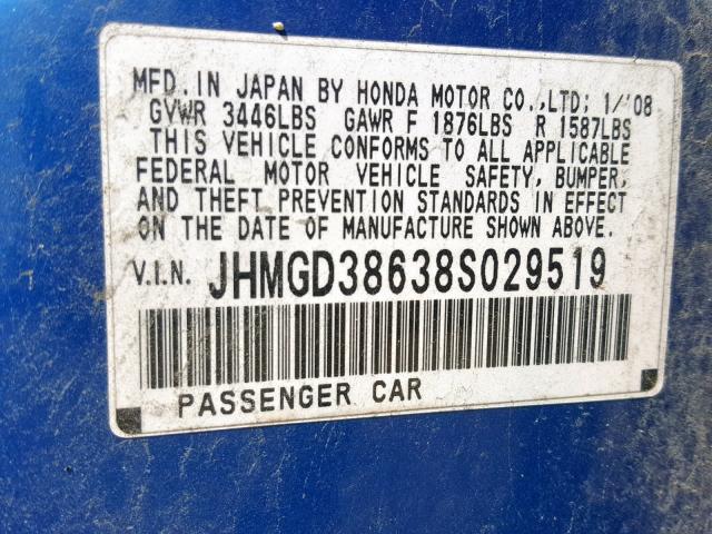 JHMGD38638S029519 - 2008 HONDA FIT SPORT BLUE photo 10