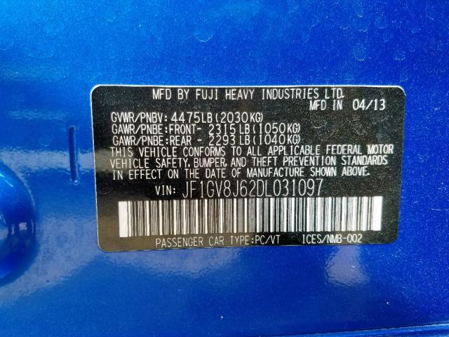 JF1GV8J62DL031097 - 2013 SUBARU IMPREZA WR BLUE photo 10