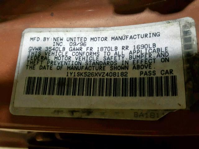 1Y1SK526XVZ408182 - 1997 GEO PRIZM BASE 橙色 照片 10