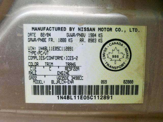 1N4BL11E05C112891 - 2005 NISSAN ALTIMA SE GOLD photo 10