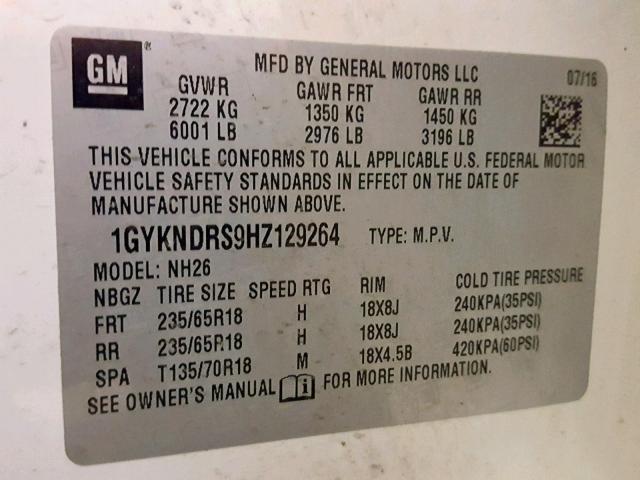 1GYKNDRS9HZ129264 - 2017 CADILLAC XT5 LUXURY WHITE photo 10