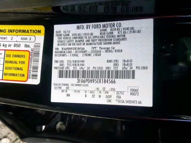 3FA6P0H95ER184566 - 2014 FORD FUSION SE BLACK photo 10