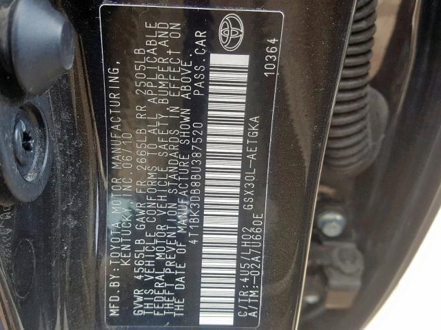 4T1BK3DB8BU387520 - 2011 TOYOTA AVALON BAS BLACK photo 10