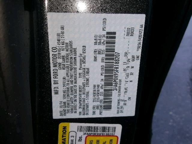 3FA6P0K95FR188207 - 2015 FORD FUSION TIT GRAY photo 10