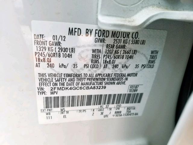 2FMDK4GC6CBA83239 - 2012 FORD EDGE SE WHITE photo 10