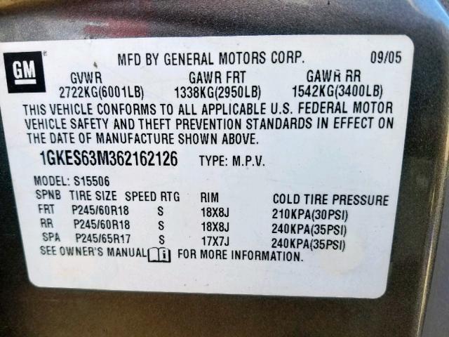 1GKES63M362162126 - 2006 GMC ENVOY DENA GRAY photo 10