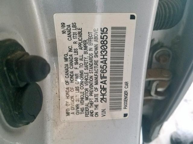 2HGFA1F65AH308515 - 2010 HONDA CIVIC LX-S Gümüş foto 10