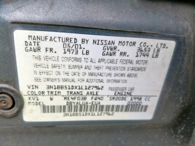 3N1BB51DX1L127962 - 2001 NISSAN SENTRA SE SILVER photo 10