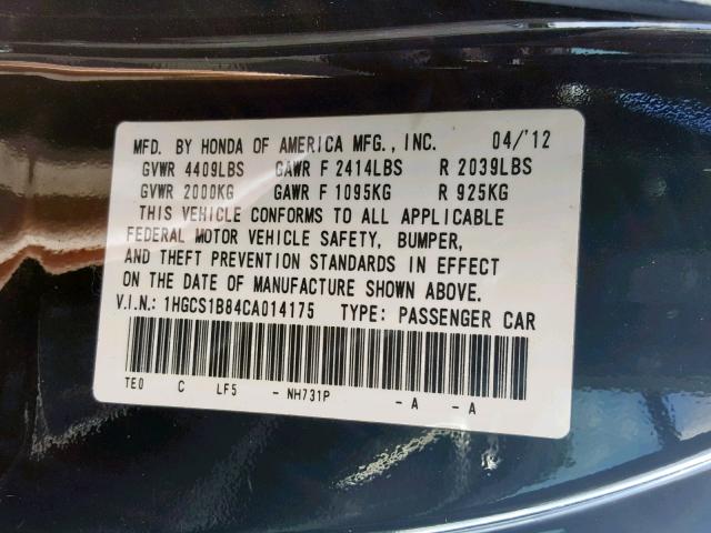 1HGCS1B84CA014175 - 2012 HONDA ACCORD EXL BLACK photo 10