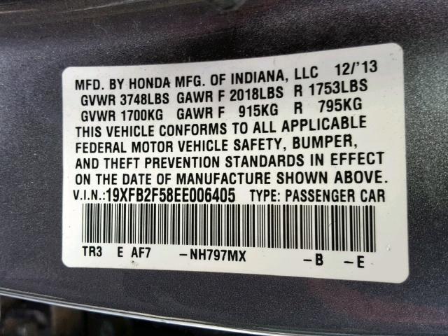 19XFB2F58EE006405 - 2014 HONDA CIVIC LX GRAY photo 10