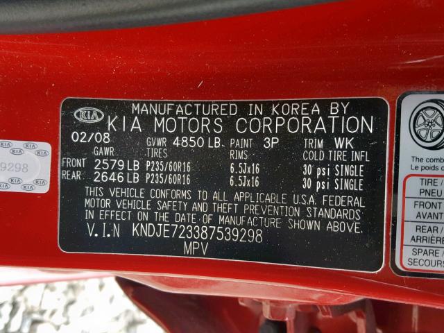 KNDJE723387539298 - 2008 KIA SPORTAGE E RED photo 10